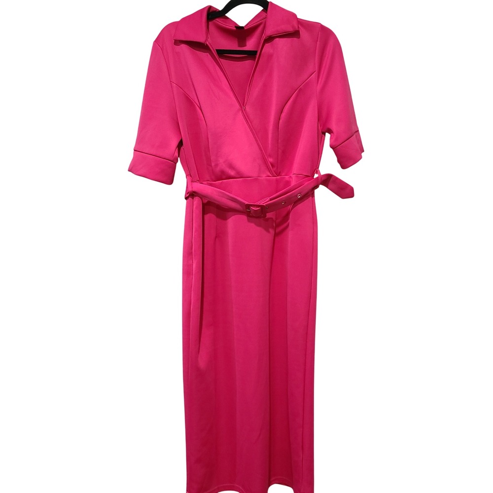 Emery Rose Womens Hot Pink Belted Wrap Front Midi Dress Size L Notched Collar